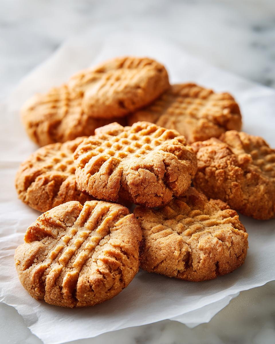 A pile of golden brown 3 ingredient peanut butter cookies with classic fork marks.