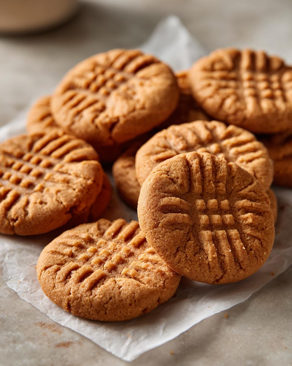A close-up of a pile of golden-brown 3 ingredient peanut butter cookies with classic fork marks.