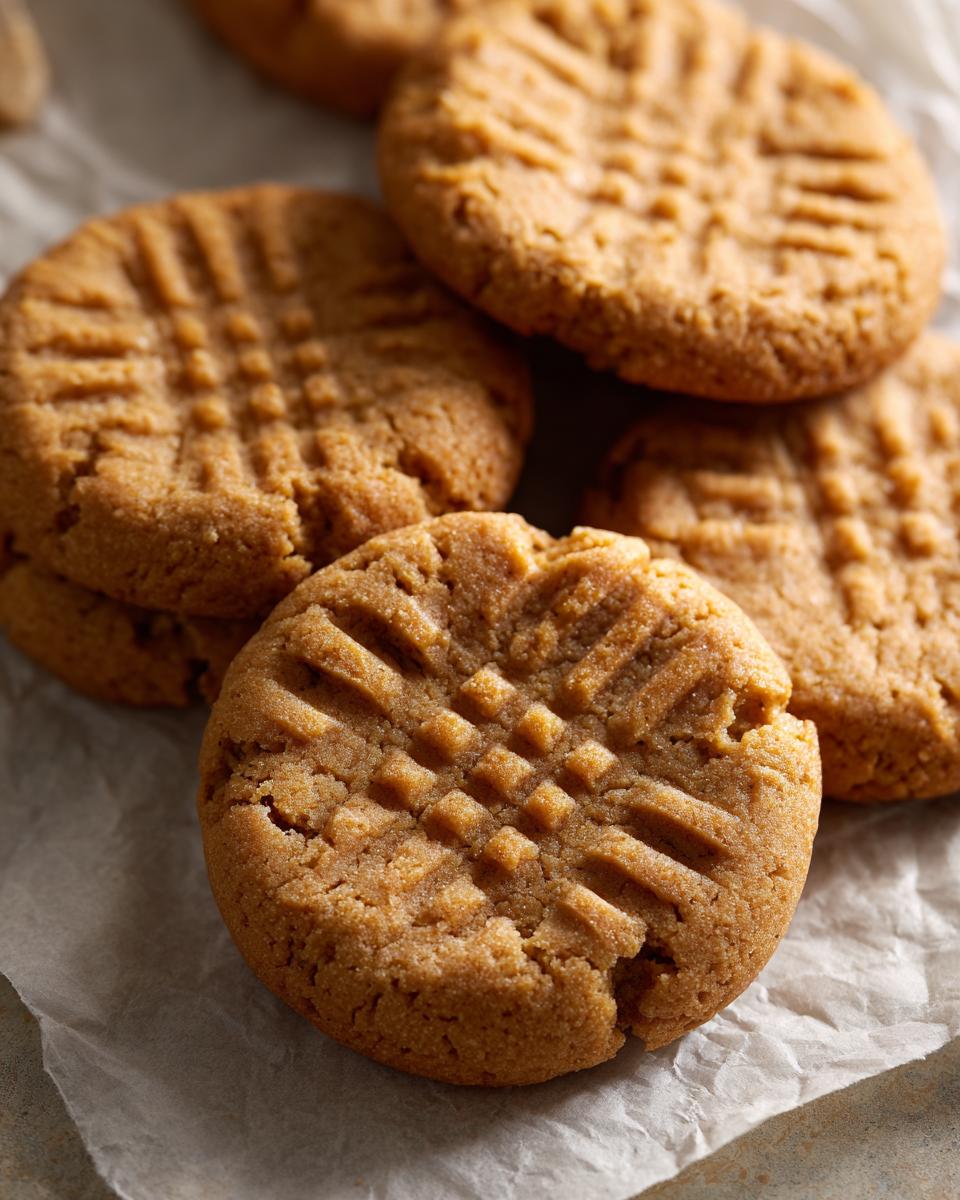 Close-up of several golden-brown 3 ingredient peanut butter cookies with classic fork marks.