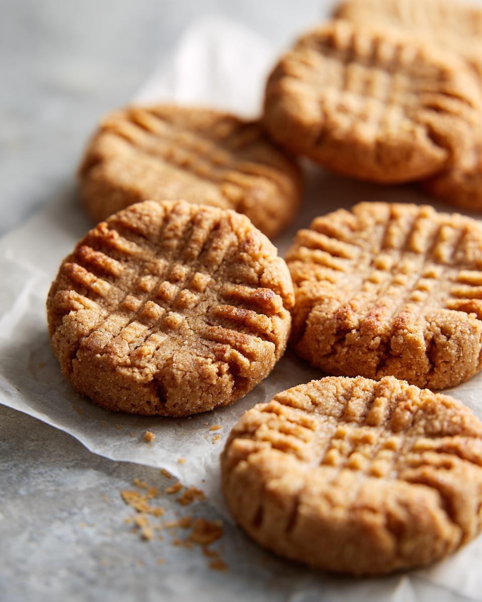 Close-up of golden brown 3 ingredient peanut butter cookies with classic fork marks.