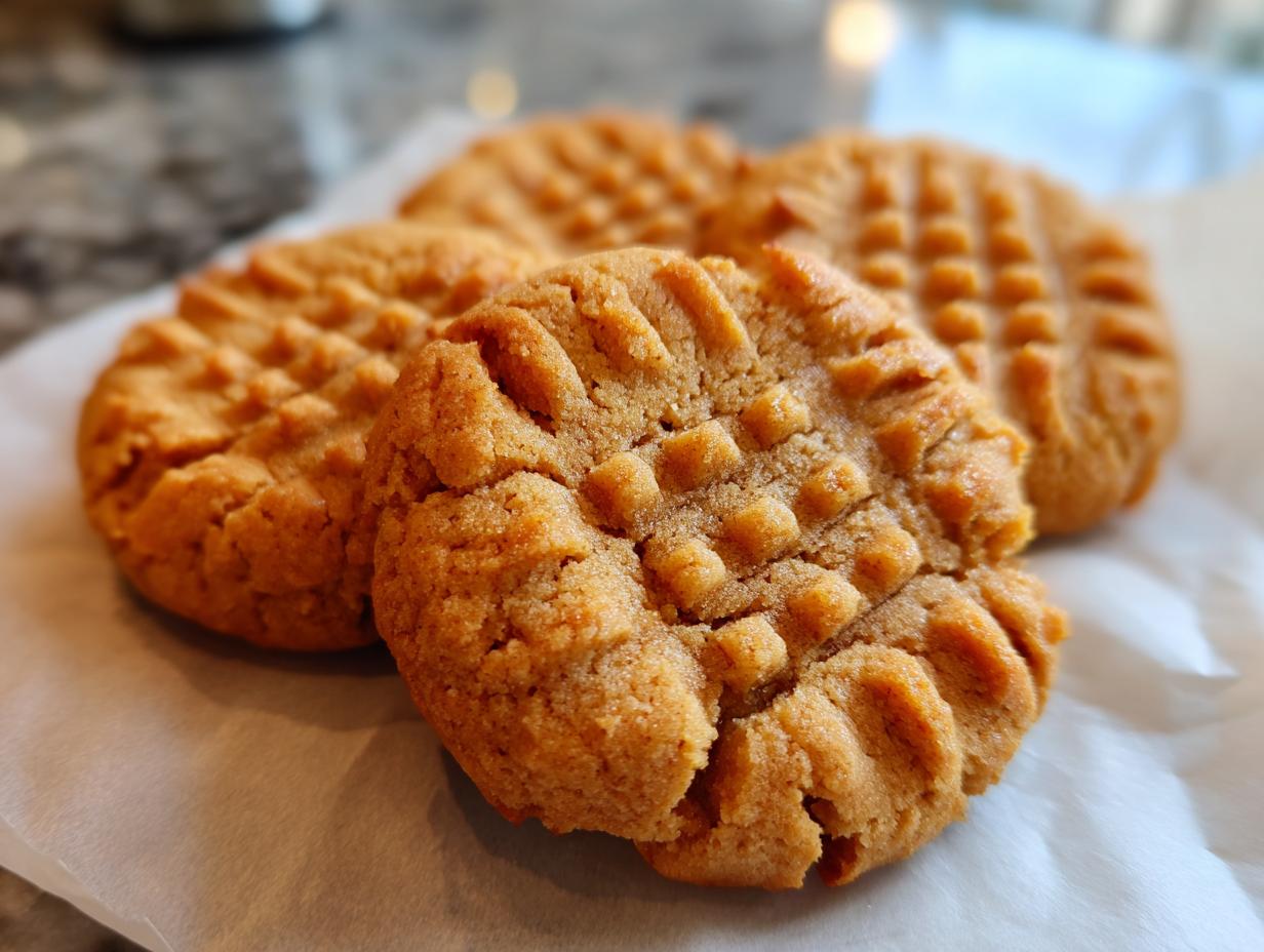 Close-up of three golden-brown 3 ingredient peanut butter cookies with classic fork marks.