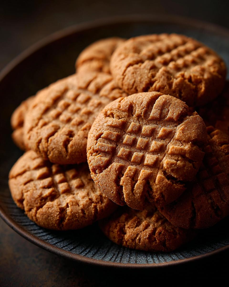 A close-up shot of a pile of 5 ingredient peanut butter cookies on a dark plate.