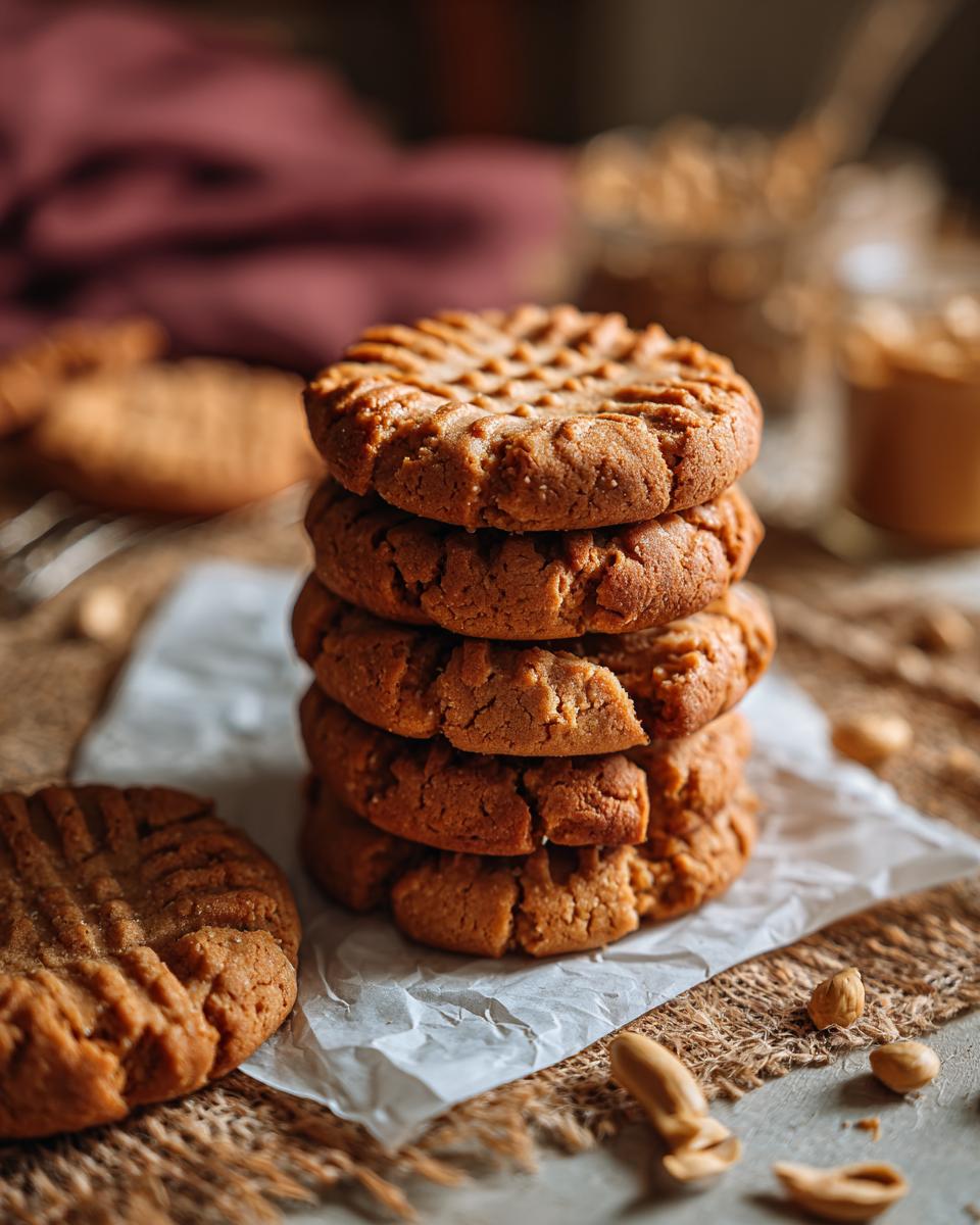 A stack of delicious 5 ingredient peanut butter cookies with classic criss-cross fork marks.