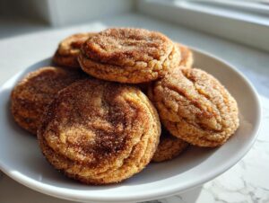 A close-up of a stack of freshly baked apple cider cookies, coated in cinnamon sugar.
