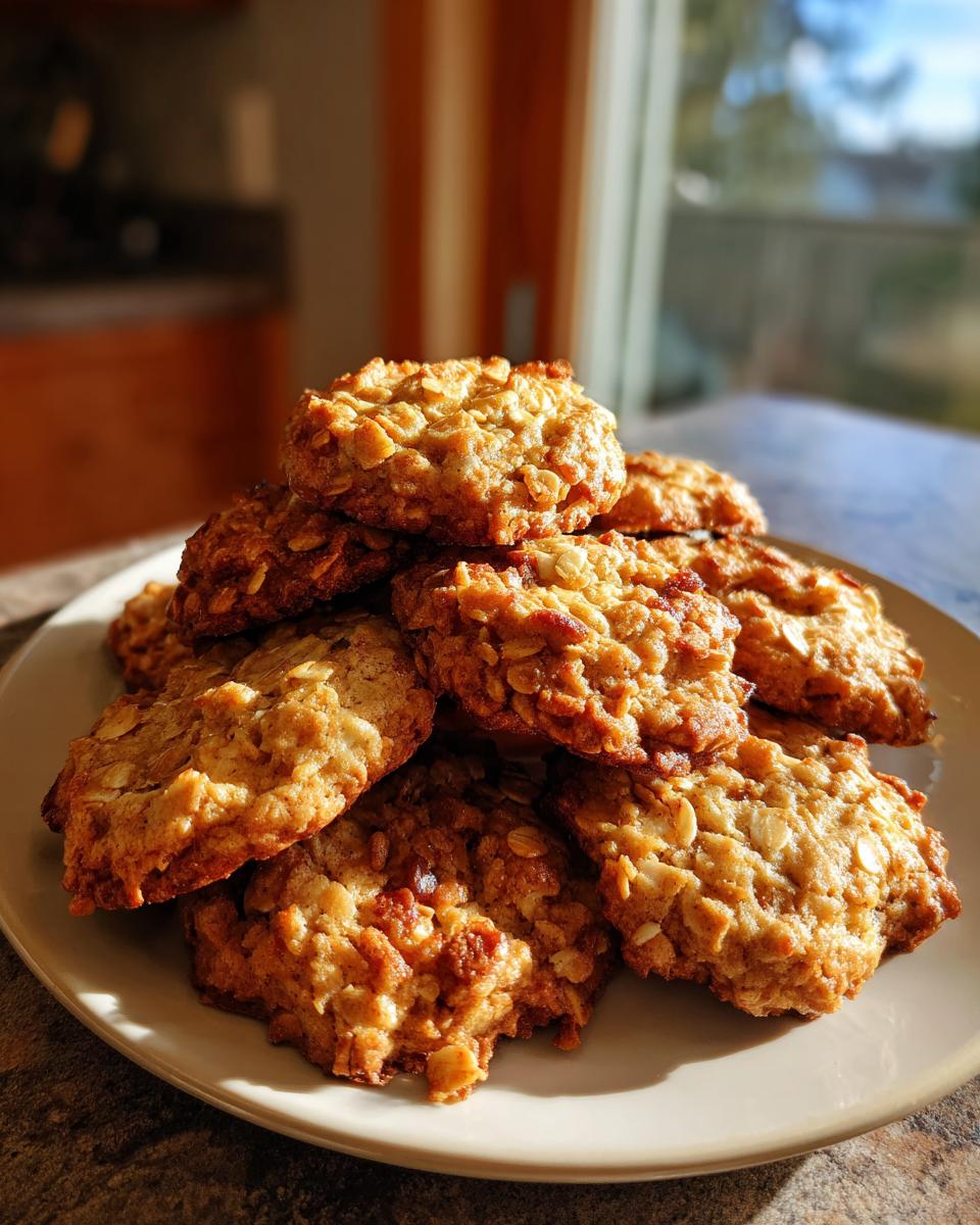 A pile of freshly baked apple cinnamon oatmeal cookies on a plate, golden brown and textured.