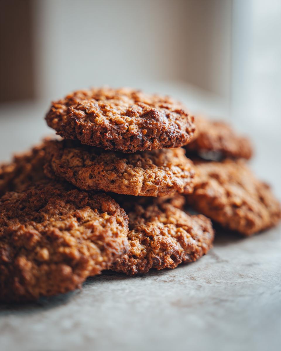 A close-up stack of soft banana oatmeal cookies, showing their textured surface and golden-brown color.