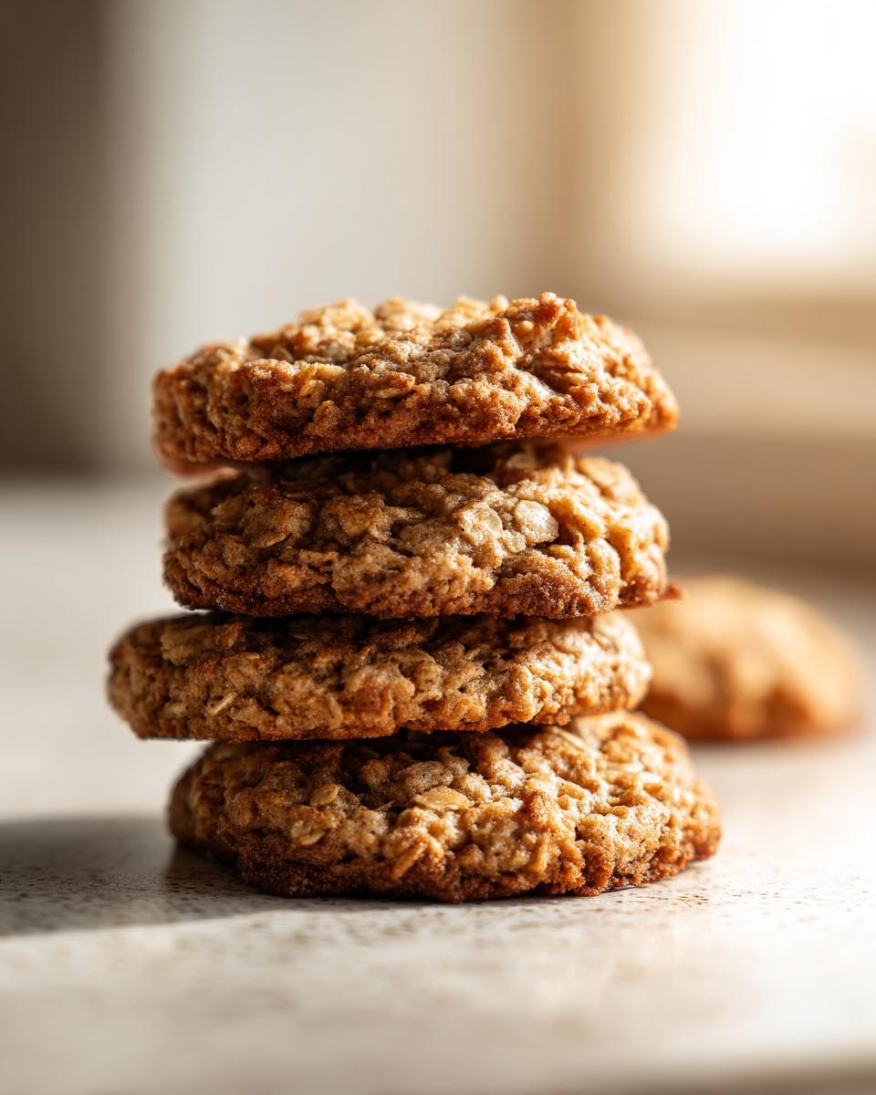 A stack of four soft banana oatmeal cookies with a textured, golden-brown surface.