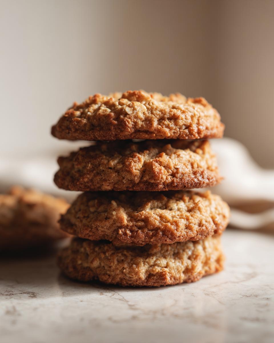 A close-up stack of four soft banana oatmeal cookies on a marble surface.