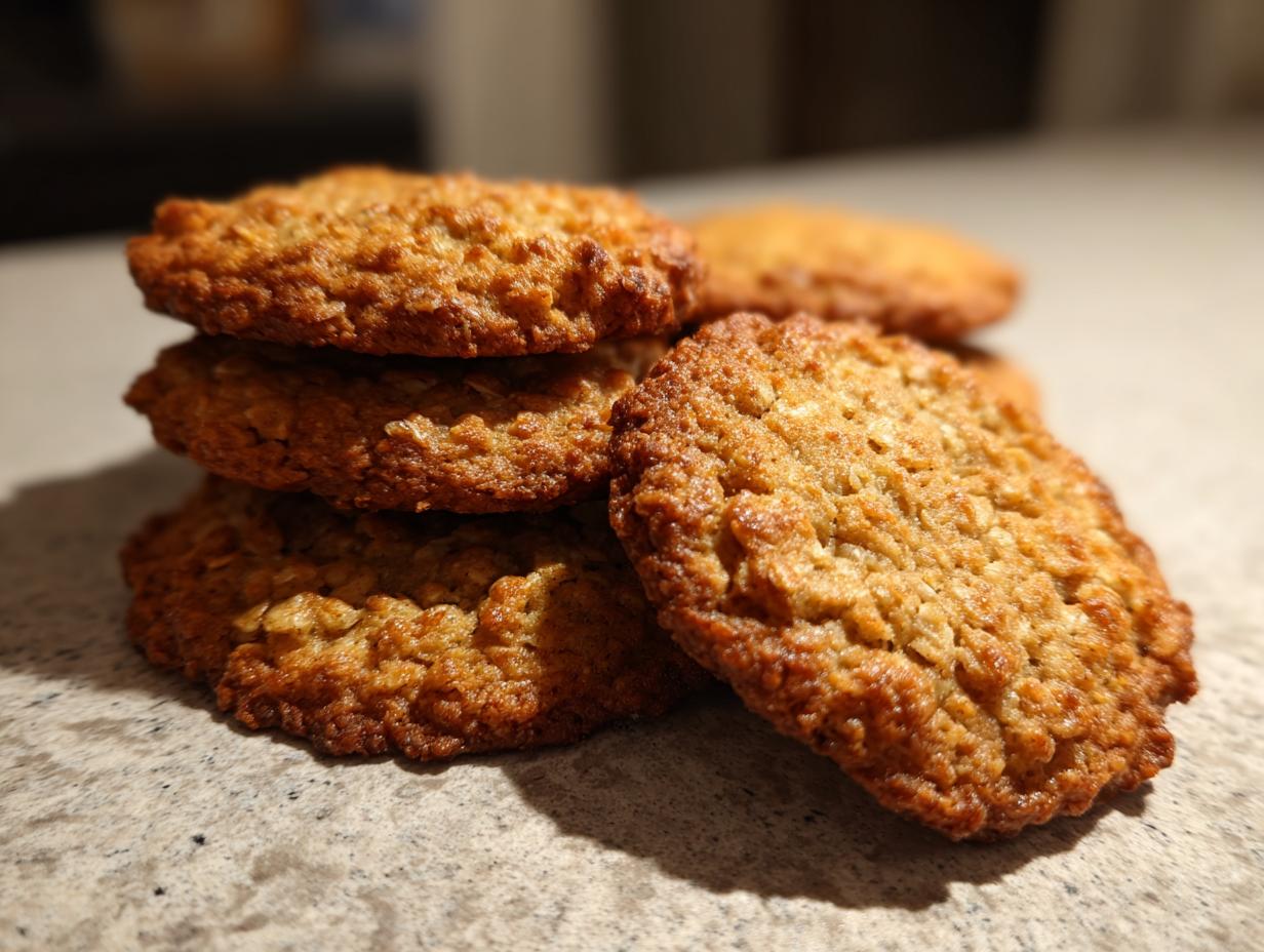 A stack of golden brown, soft banana oatmeal cookies on a speckled countertop.