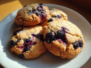 Close-up of four golden-brown blueberry cheesecake cookies sprinkled with sugar on a white plate.