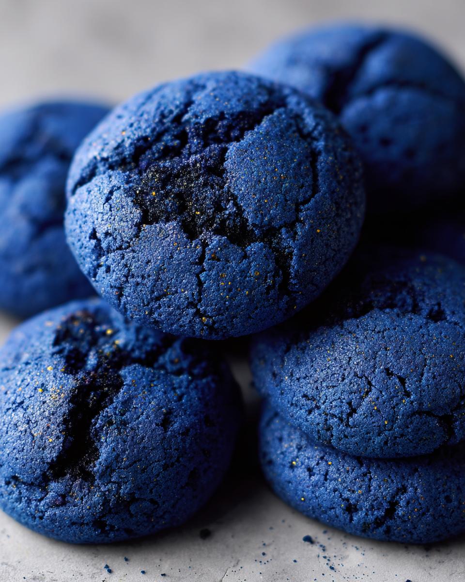 A close-up of several soft blueberry cookies, dusted with edible gold glitter.