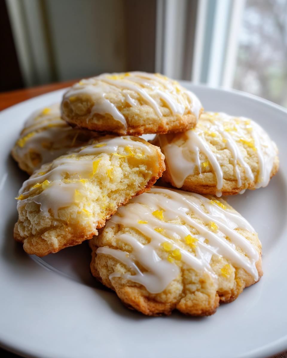 A stack of bright calamansi cookies drizzled with white glaze and sprinkled with zest.