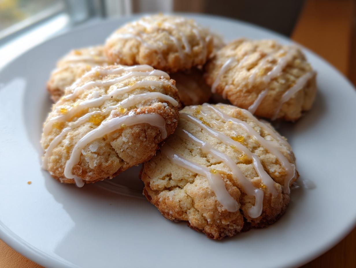 A close-up of several bright calamansi cookies drizzled with a white glaze and sprinkled with zest.