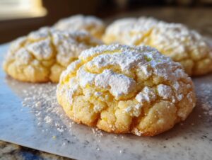 Close-up of bright lemon cookies dusted with powdered sugar and lemon zest.