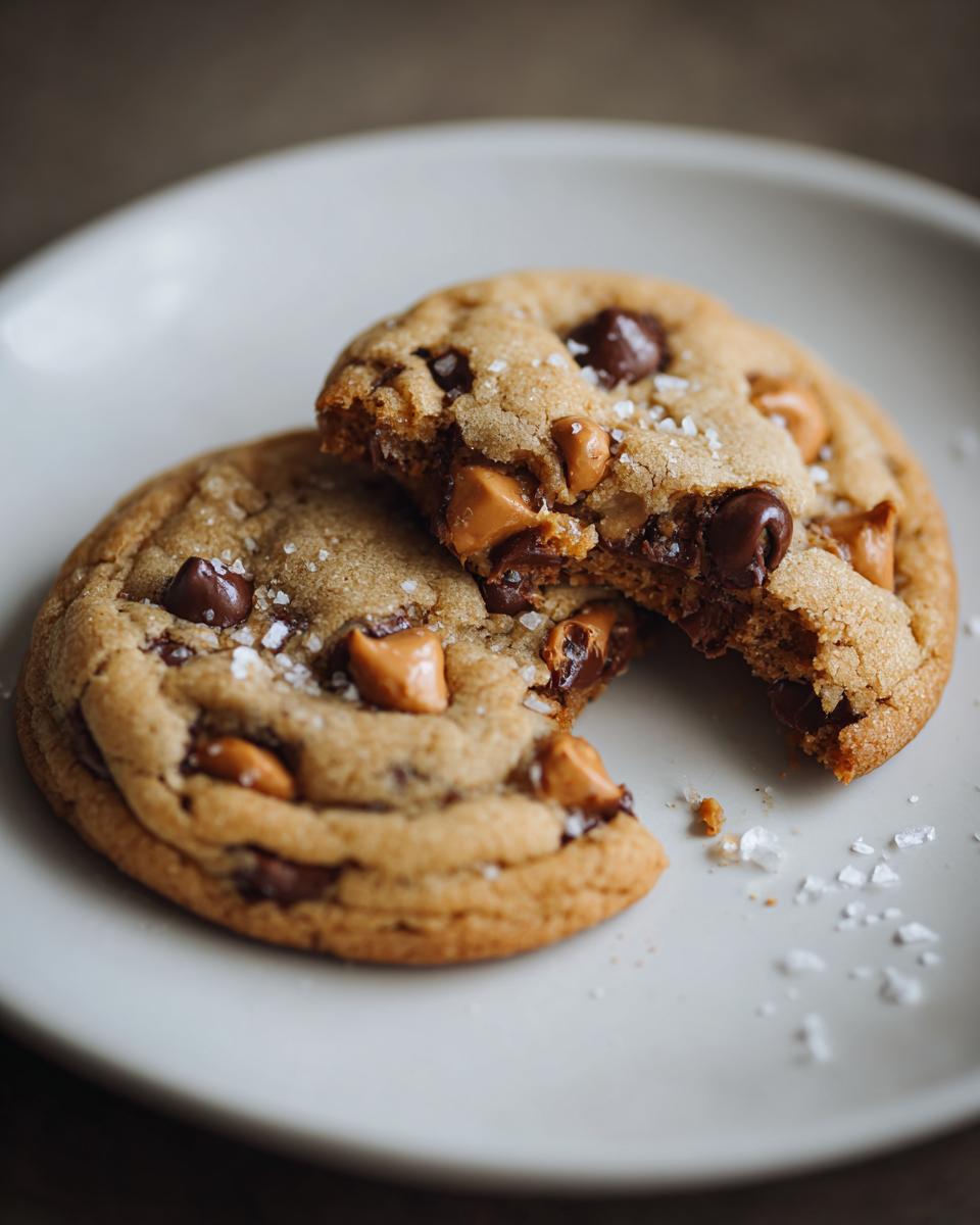 Close-up of two butterscotch chocolate chip cookies on a white plate, one broken in half.