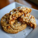 Close-up of two butterscotch chocolate chip cookies on a white plate, one broken in half revealing gooey center.