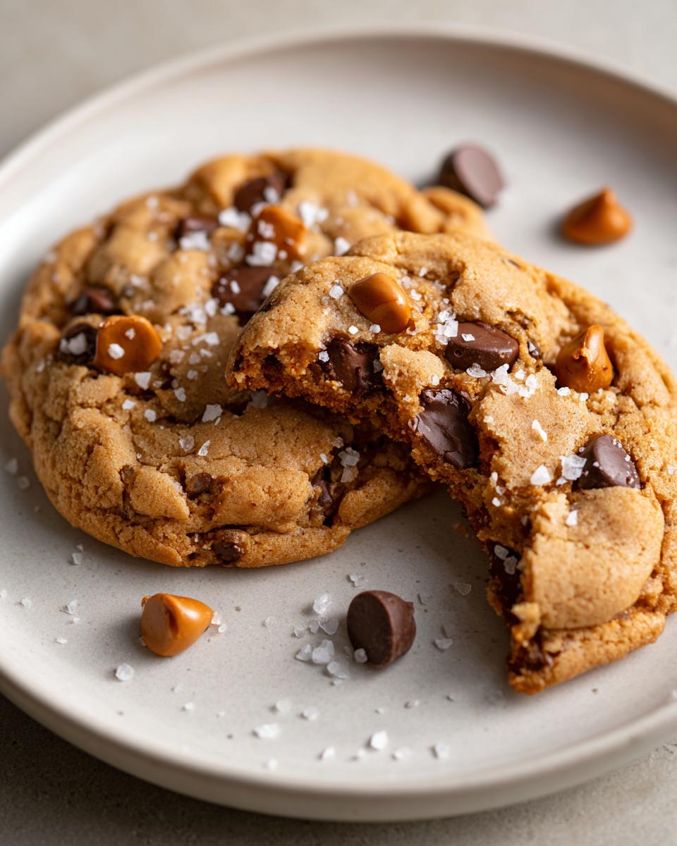A close-up of two butterscotch chocolate chip cookies on a plate, one broken in half, sprinkled with sea salt.