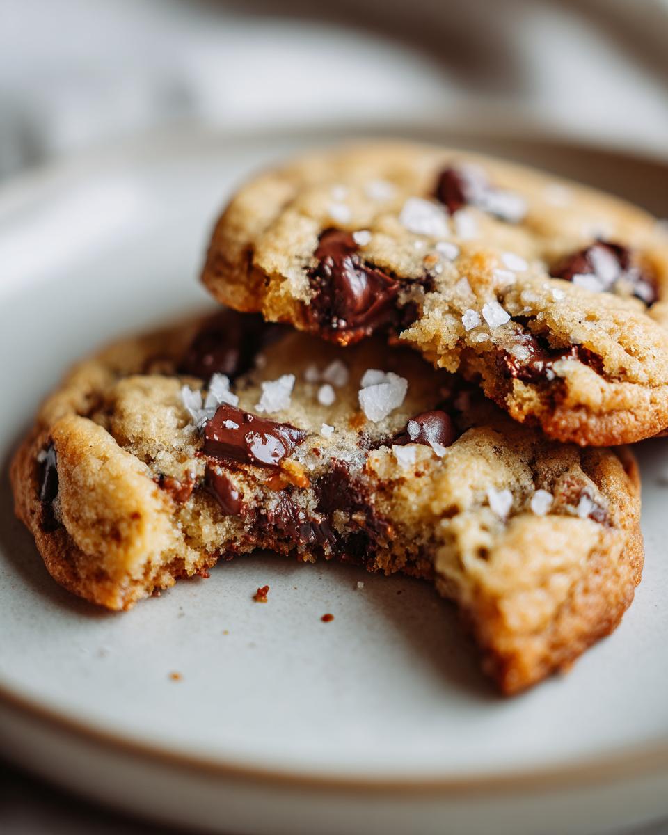 Close-up of two butterscotch chocolate chip cookies on a plate, one with a bite taken out, showcasing melted chocolate chips and flaky sea salt.