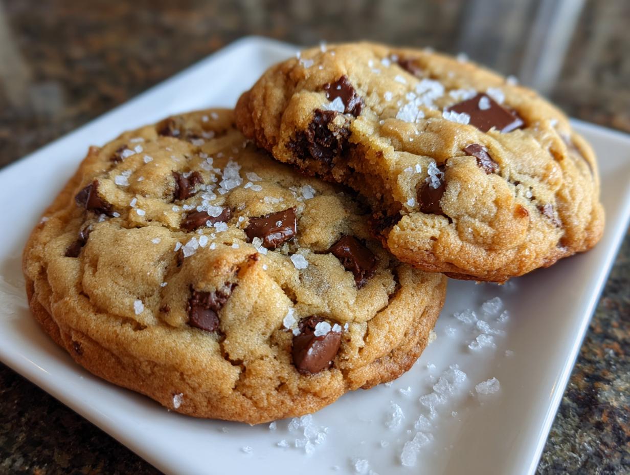 Close-up of two chewy butterscotch chocolate chip cookies sprinkled with sea salt on a white plate.
