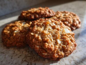 Close-up of delicious caramel apple oatmeal cookies with visible oats and apple chunks.