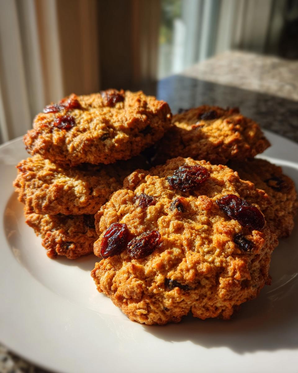 A close-up of a stack of chewy oatmeal raisin cookies on a white plate, bathed in natural light.