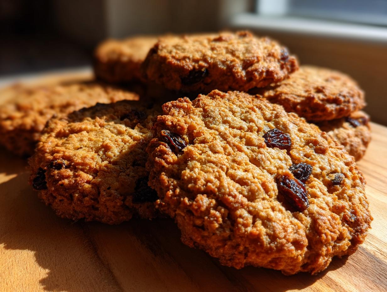 Close-up of freshly baked chewy oatmeal raisin cookies piled on a wooden surface.
