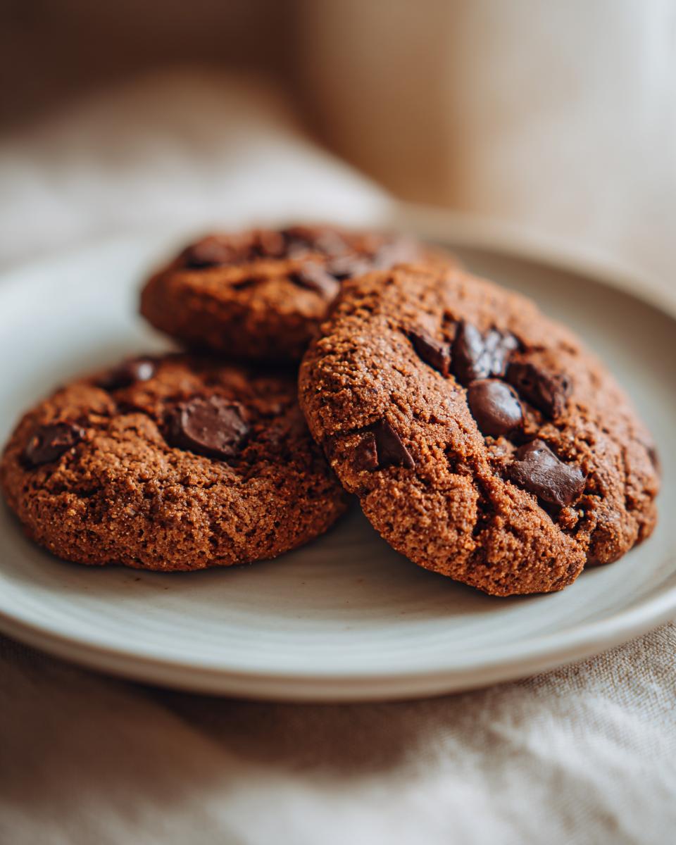 Three chewy pumpkin chocolate chip cookies piled on a light-colored plate, showcasing dark chocolate chunks.