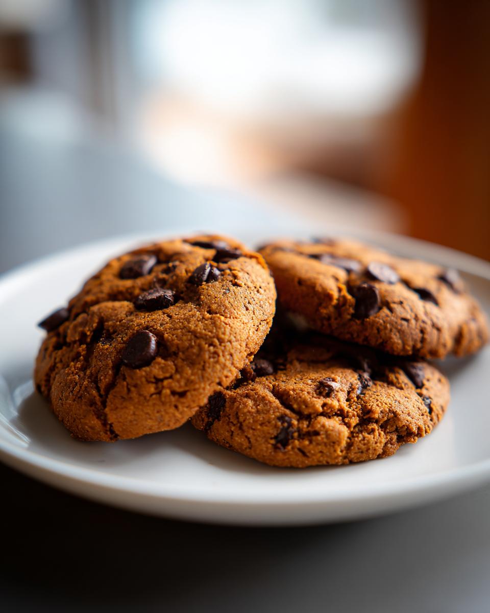 A close-up of three chewy pumpkin chocolate chip cookies on a white plate.