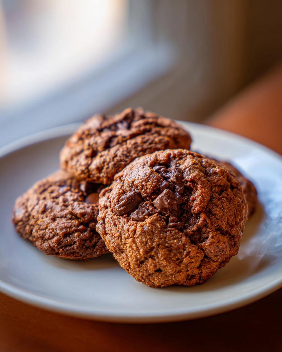 A close-up of three chewy pumpkin chocolate chip cookies piled on a light-colored plate.