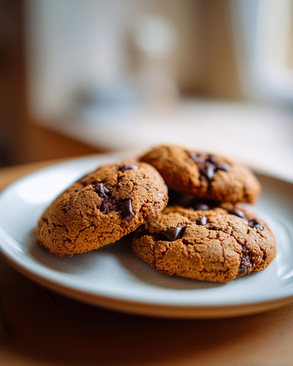 Three delicious chewy pumpkin chocolate chip cookies piled on a white plate, with visible chocolate chips.