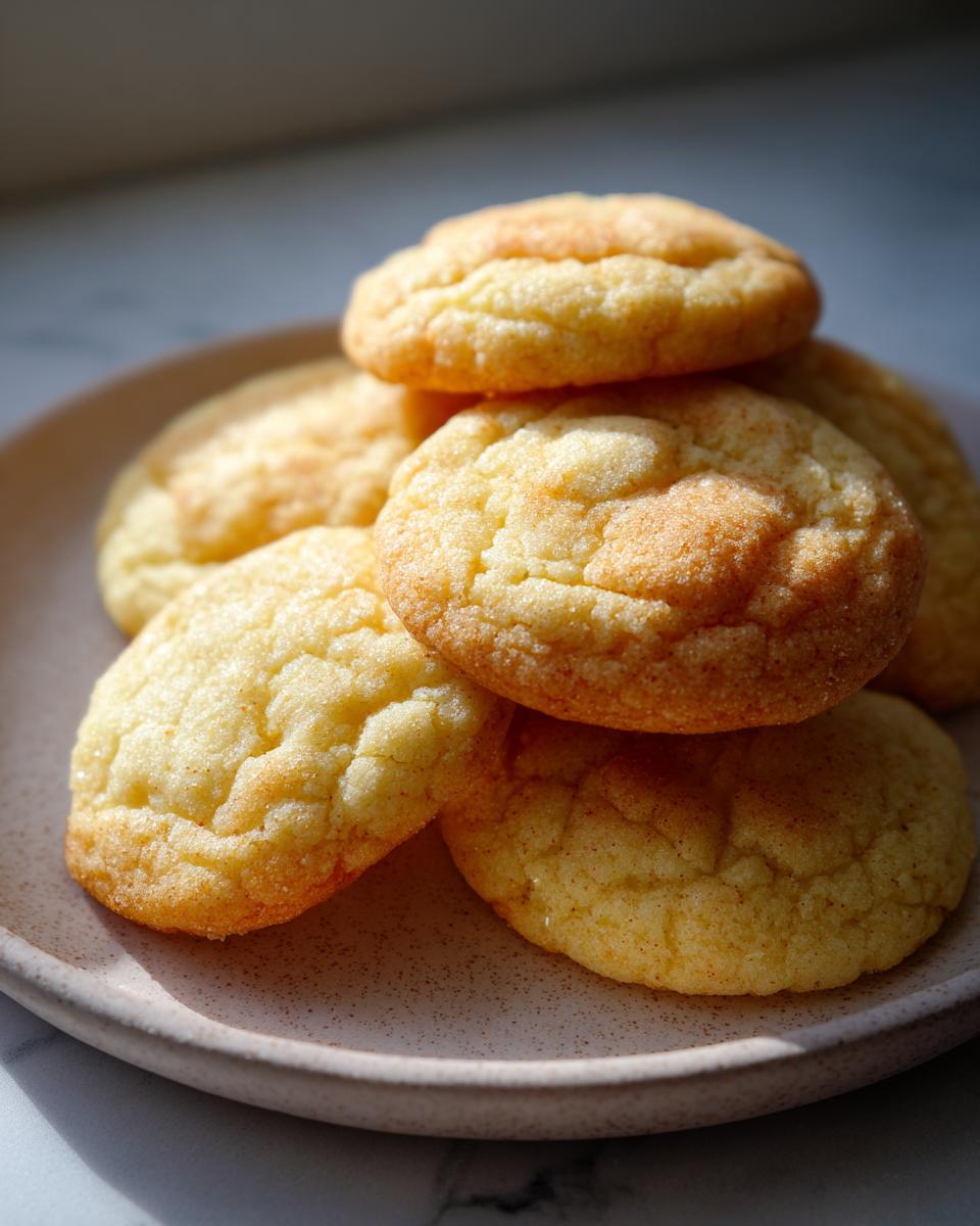 A close-up of a stack of golden brown chipless cookies on a speckled plate, bathed in soft light.
