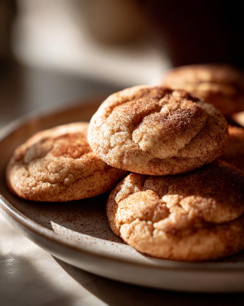 A close-up of a stack of golden-brown Christmas snickerdoodles, dusted with cinnamon sugar, on a speckled plate.