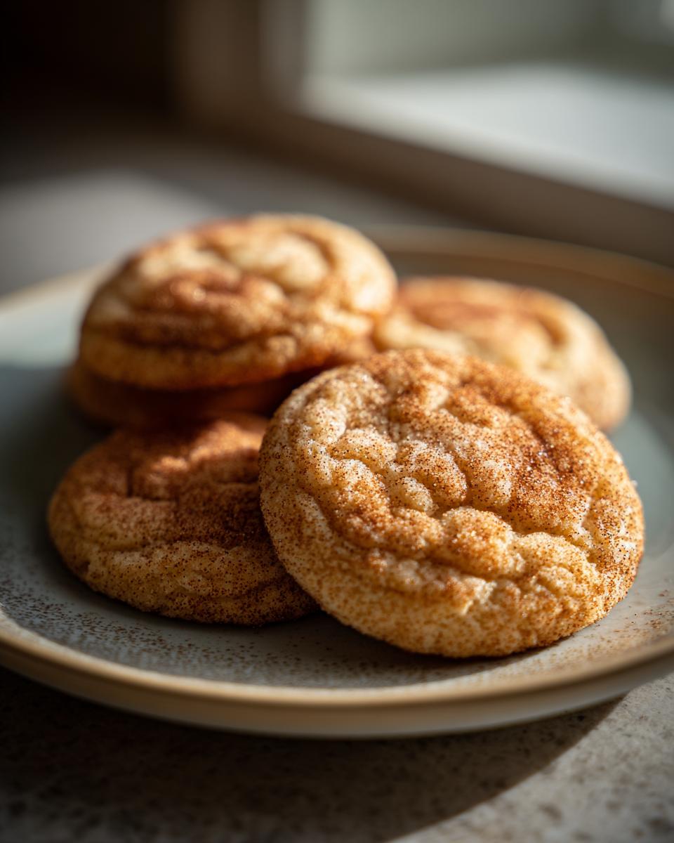 A close-up of several Christmas snickerdoodles coated in cinnamon sugar, piled on a light blue plate.