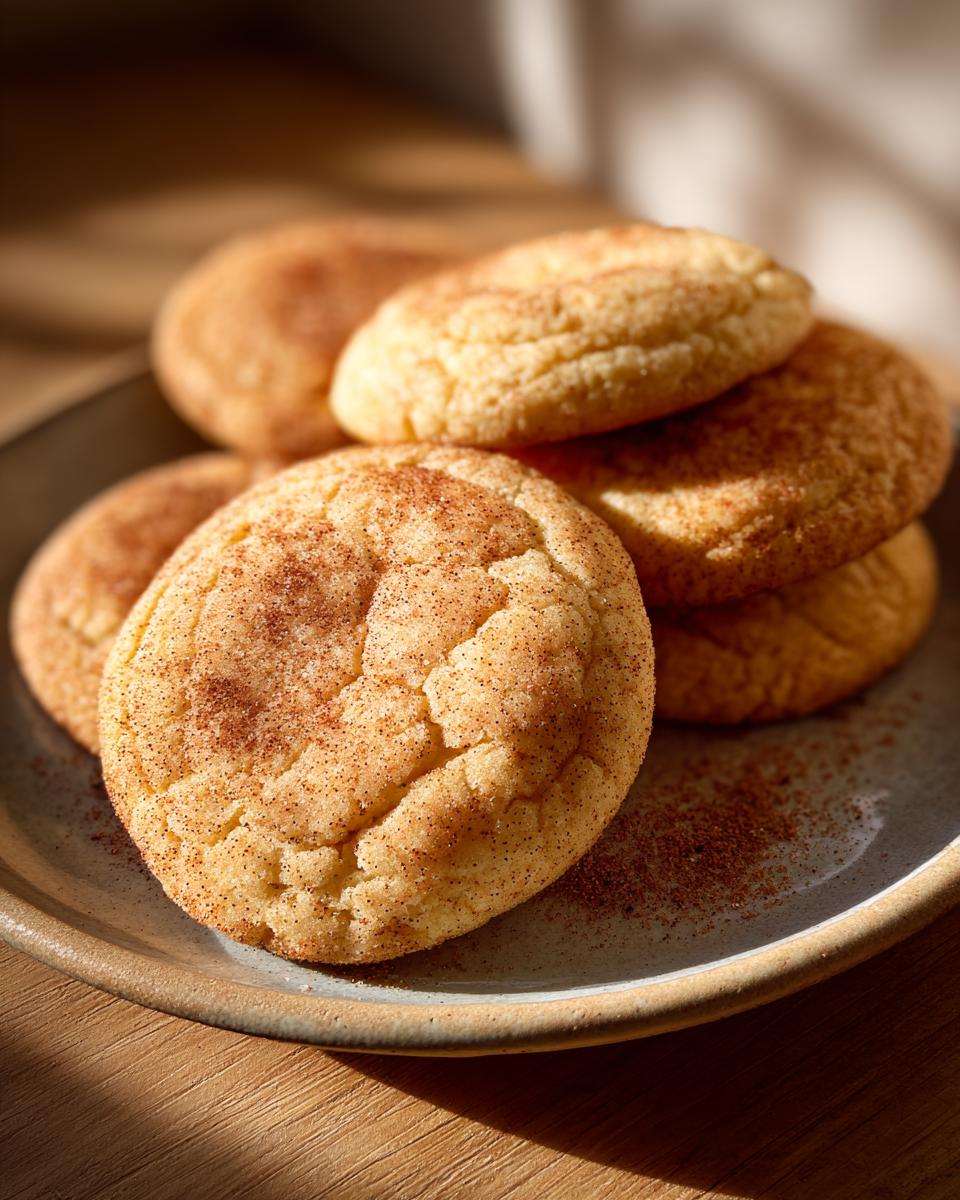 Close-up of a stack of freshly baked Christmas Snickerdoodles, dusted with cinnamon sugar.