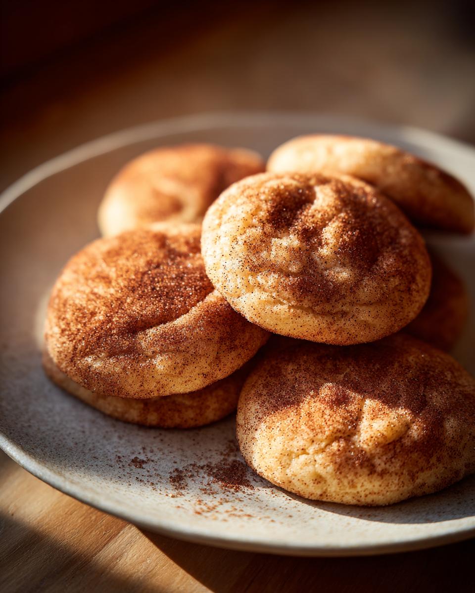 A close-up shot of a pile of freshly baked Christmas Snickerdoodles, coated in cinnamon sugar, on a rustic plate.