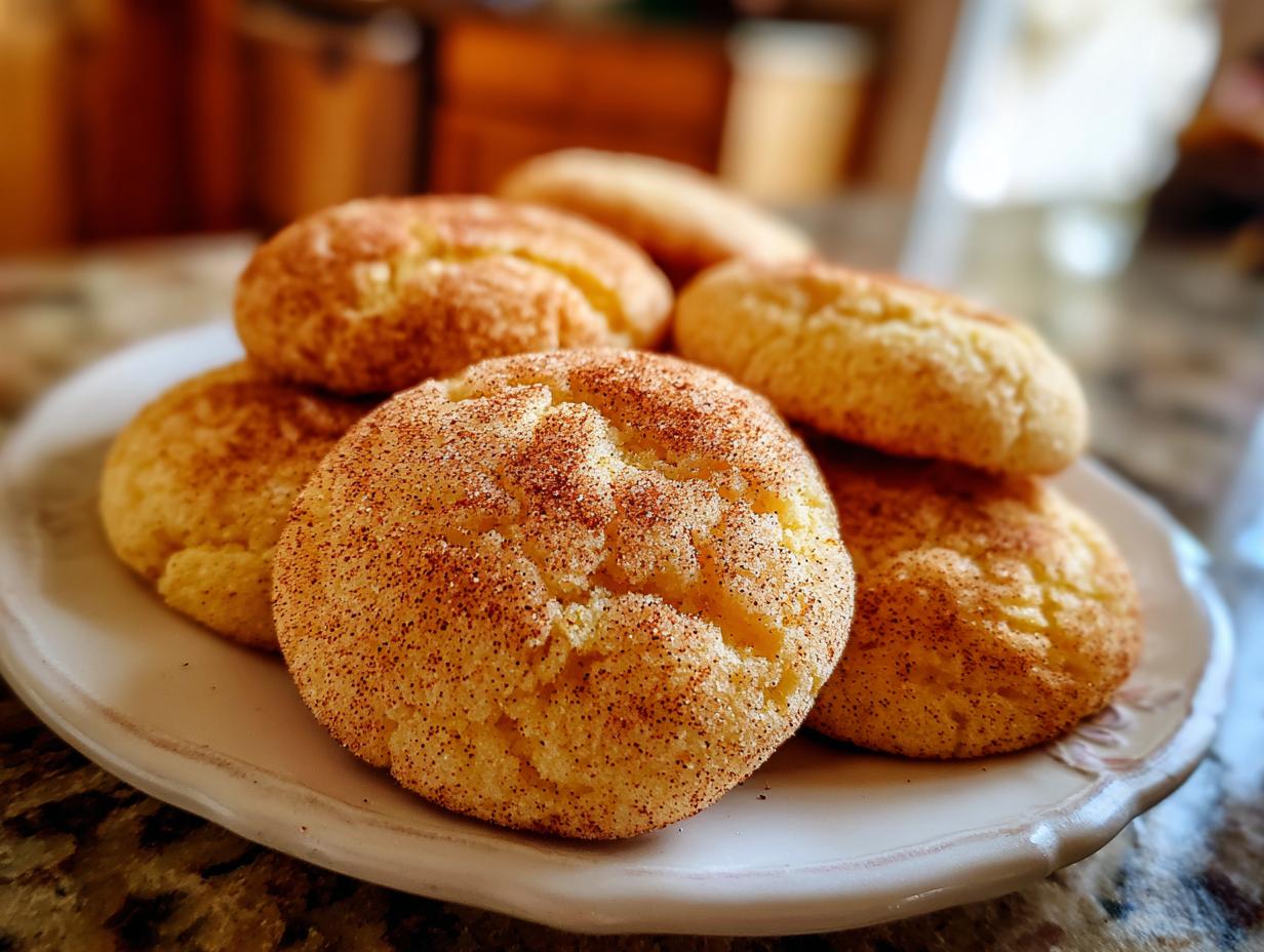 A close-up of several freshly baked Christmas Snickerdoodles, coated in cinnamon sugar, piled on a white plate.