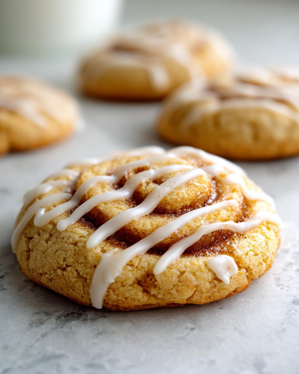 Close-up of a cinnamon roll sugar cookie with white icing drizzled on top.