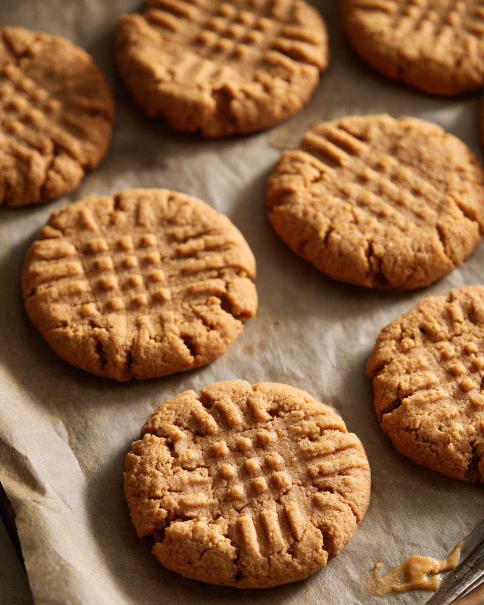 Close-up of freshly baked classic peanut butter cookies with criss-cross fork marks on a baking sheet.