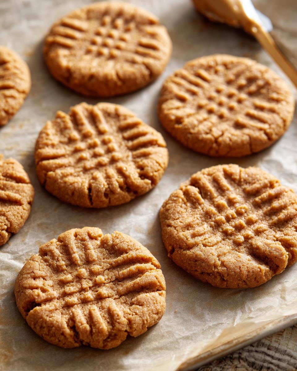 A close-up of several classic peanut butter cookies with the traditional criss-cross fork marks, arranged on parchment paper.