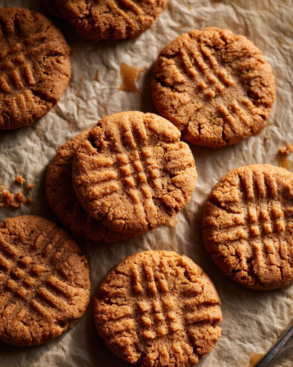 A close-up overhead view of several classic peanut butter cookies with signature fork marks, arranged on parchment paper.