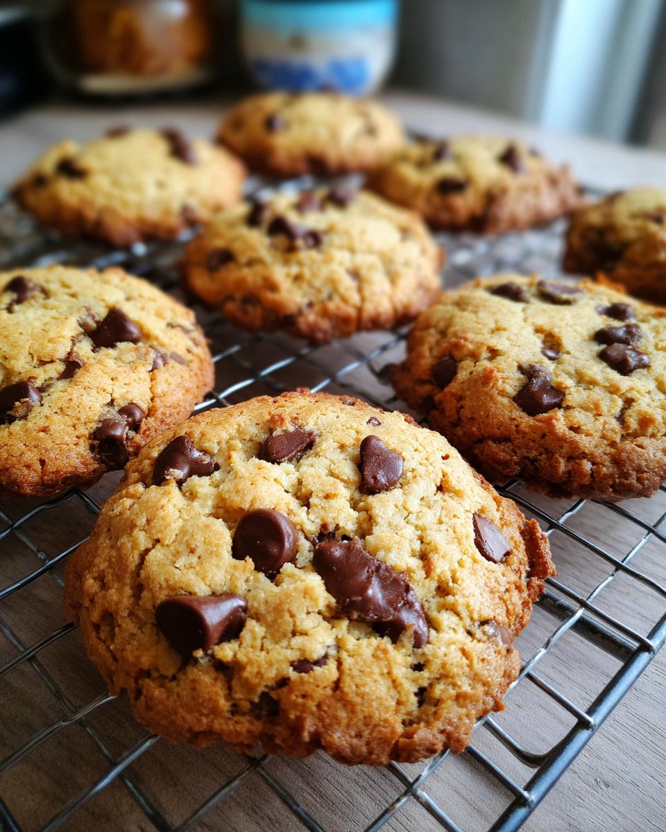Close-up of freshly baked cottage cheese chocolate chip cookies on a cooling rack.