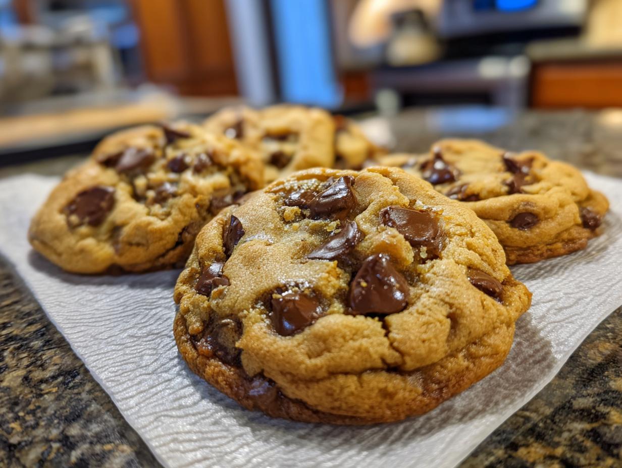 Close-up of freshly baked cottage cheese chocolate chip cookies on a white napkin.