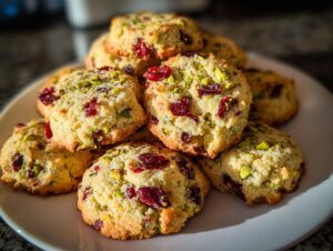 A pile of delicious cranberry pistachio shortbread cookies on a white plate.