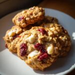 A close-up of chewy cranberry white chocolate oatmeal cookies on a white plate, bathed in sunlight.