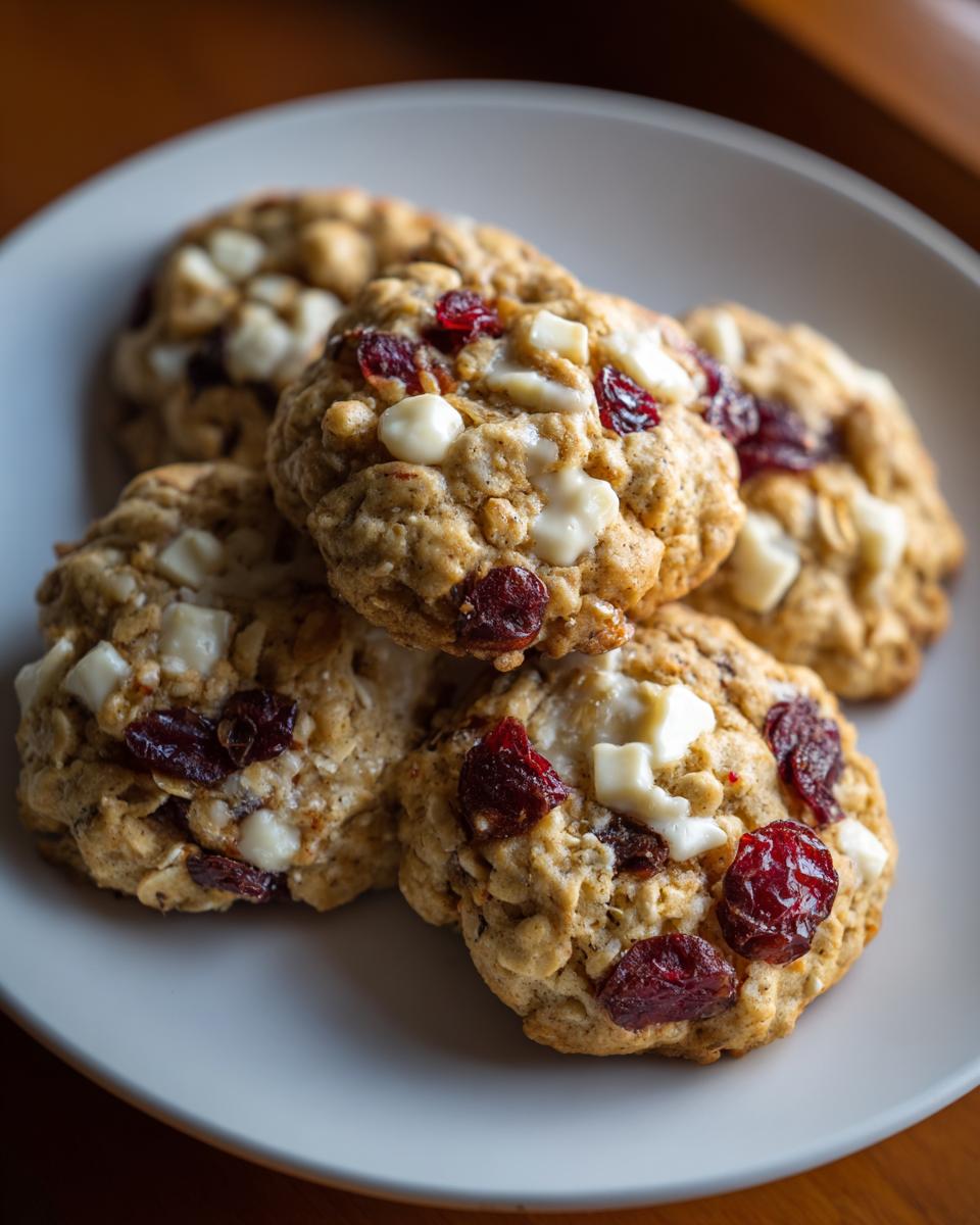 A close-up of several chewy cranberry white chocolate oatmeal cookies piled on a white plate.