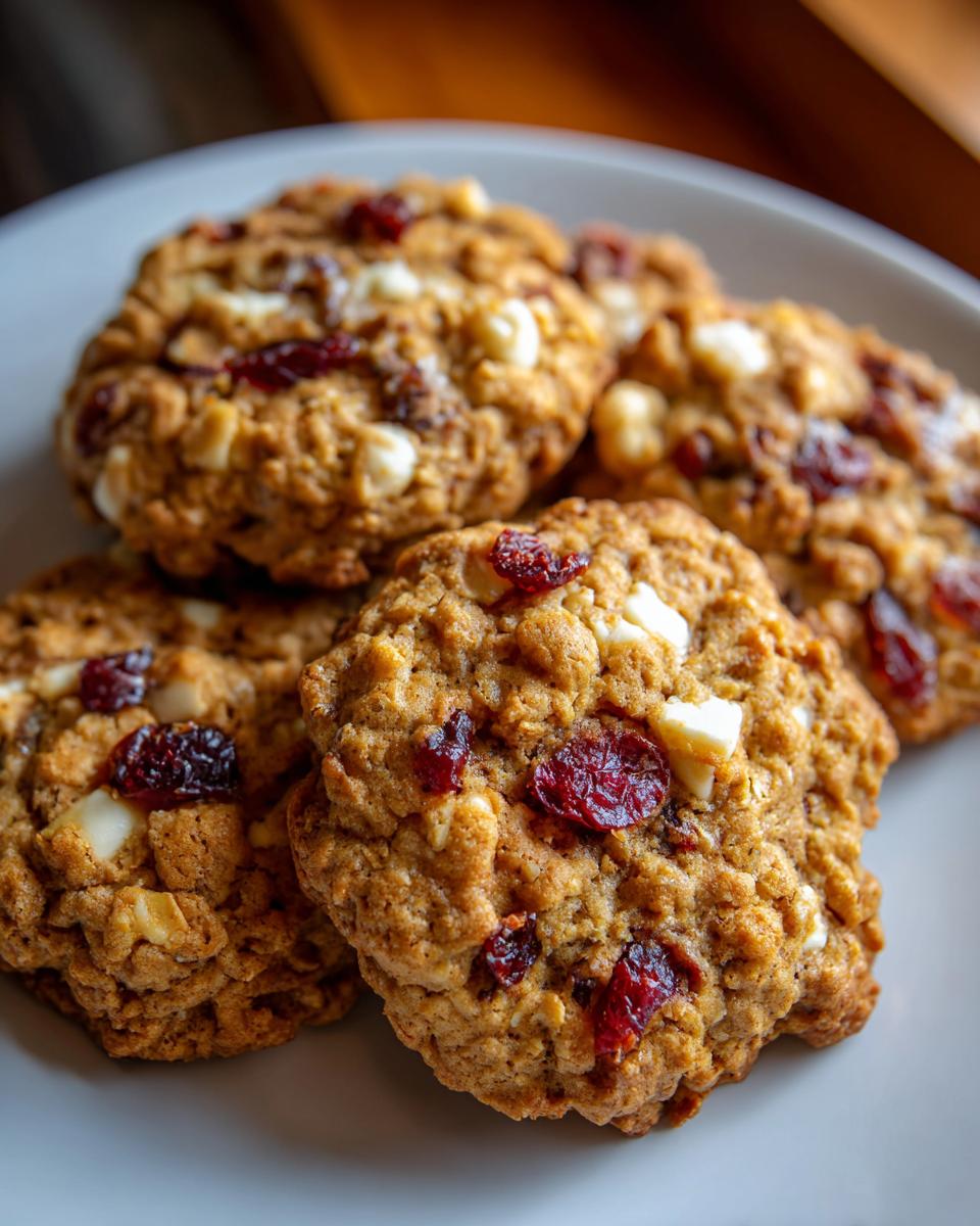 Close-up of chewy cranberry white chocolate oatmeal cookies on a white plate.