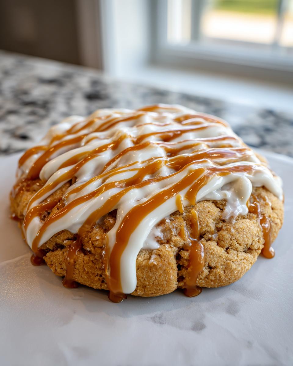Close-up of a delicious Crumbl caramel apple cookie topped with white icing and caramel drizzle.