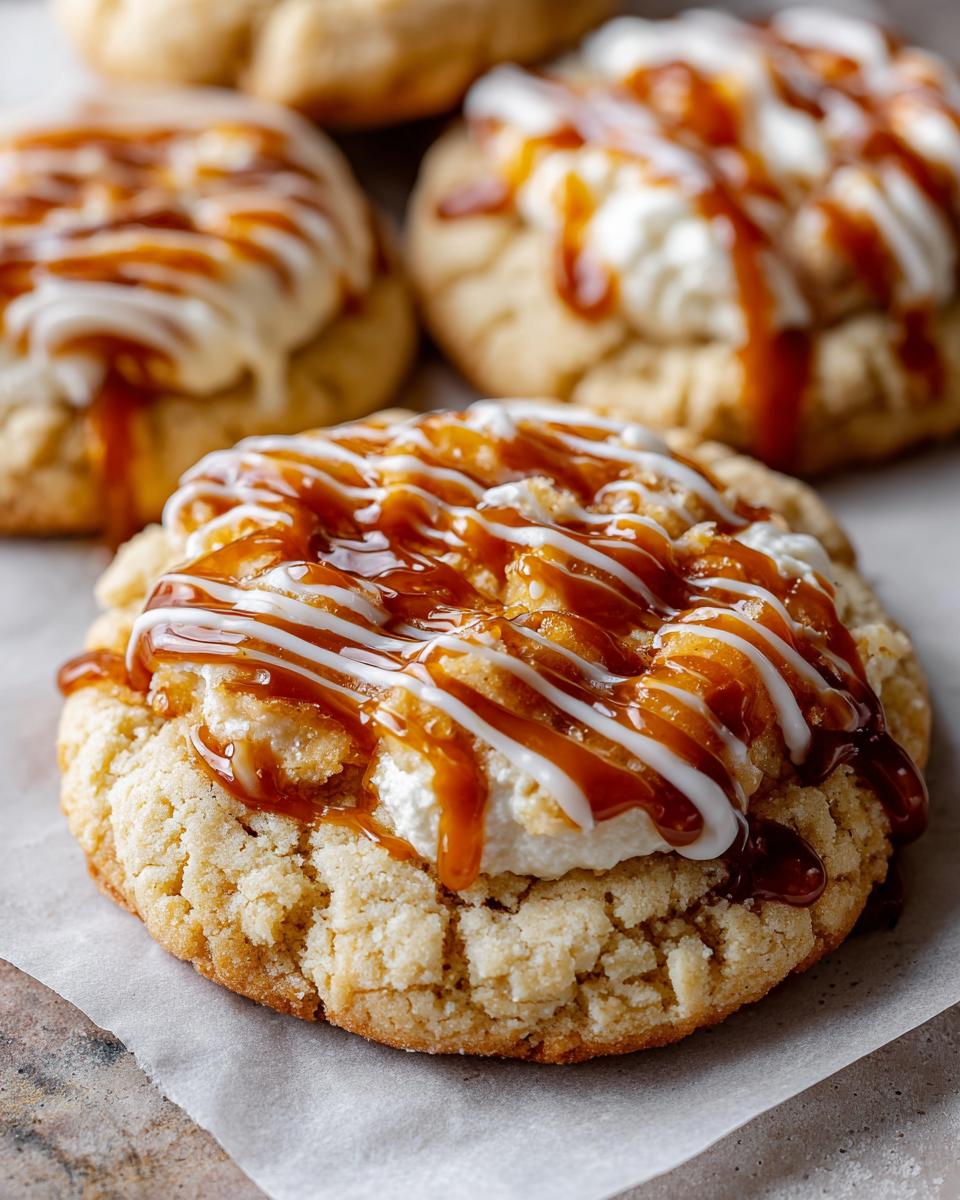 Close-up of a delicious Crumbl caramel apple cookie topped with white cream and drizzled with caramel sauce.