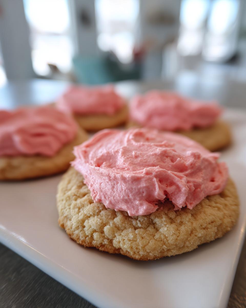 Close-up of several Crumbl copycat sugar cookies topped with fluffy pink frosting on a white platter.