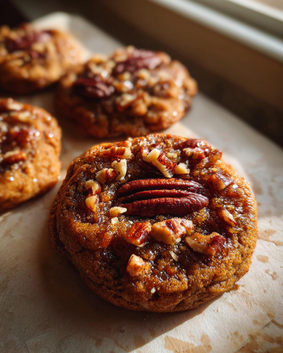 Close-up of a decadent pecan pie cookie topped with whole and chopped pecans, glistening with a caramel glaze.